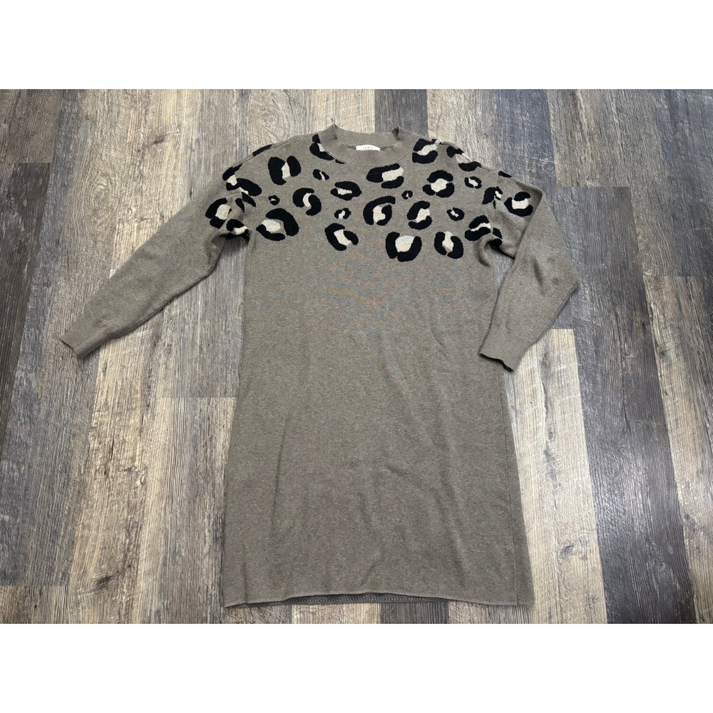 Loft Outlet Petite XXSP‎ Leopard Print Cotton Sweater Dress Taupe Brown Mini
